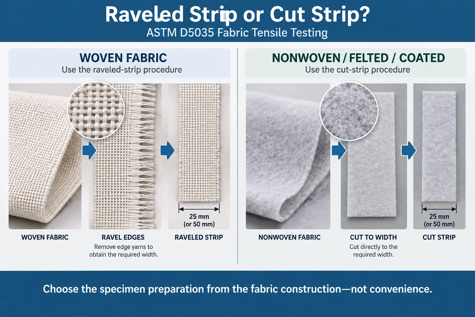 ASTM D5035 raveled strip vs cut strip